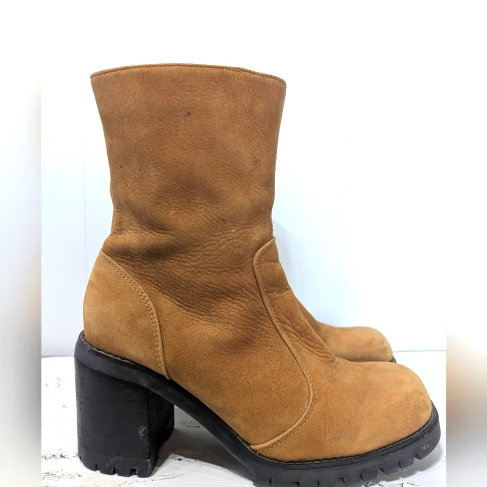 Vintage Y2K Brown Leather Chunky Heeled Ankle Boots Side Zip Boho Bratz Size 6 - Picture 6 of 12